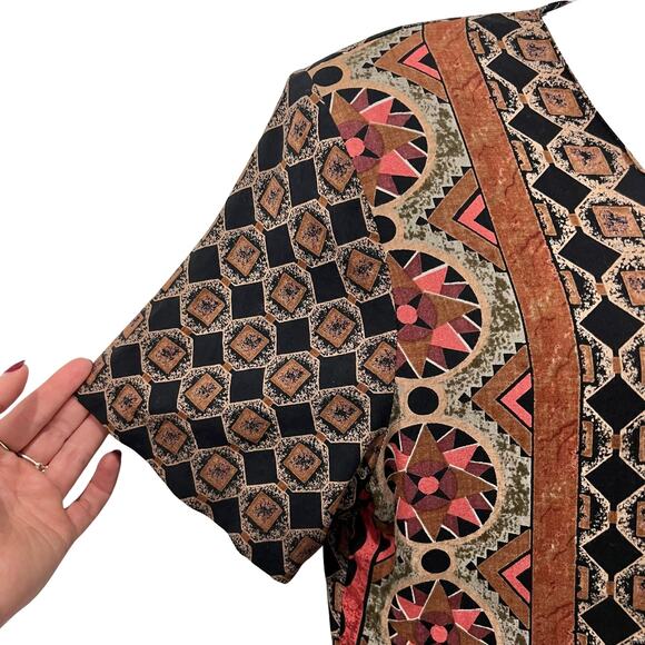 Vintage Brown Red Geometric Button Up Short Sleeve Top Skirt Suit Set size M - Picture 12 of 16